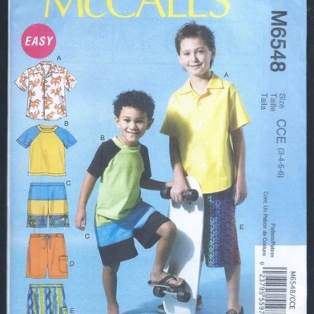 McCall's M6548 Boys Shirts and Shorts Pattern Sizes 3-4-5-6